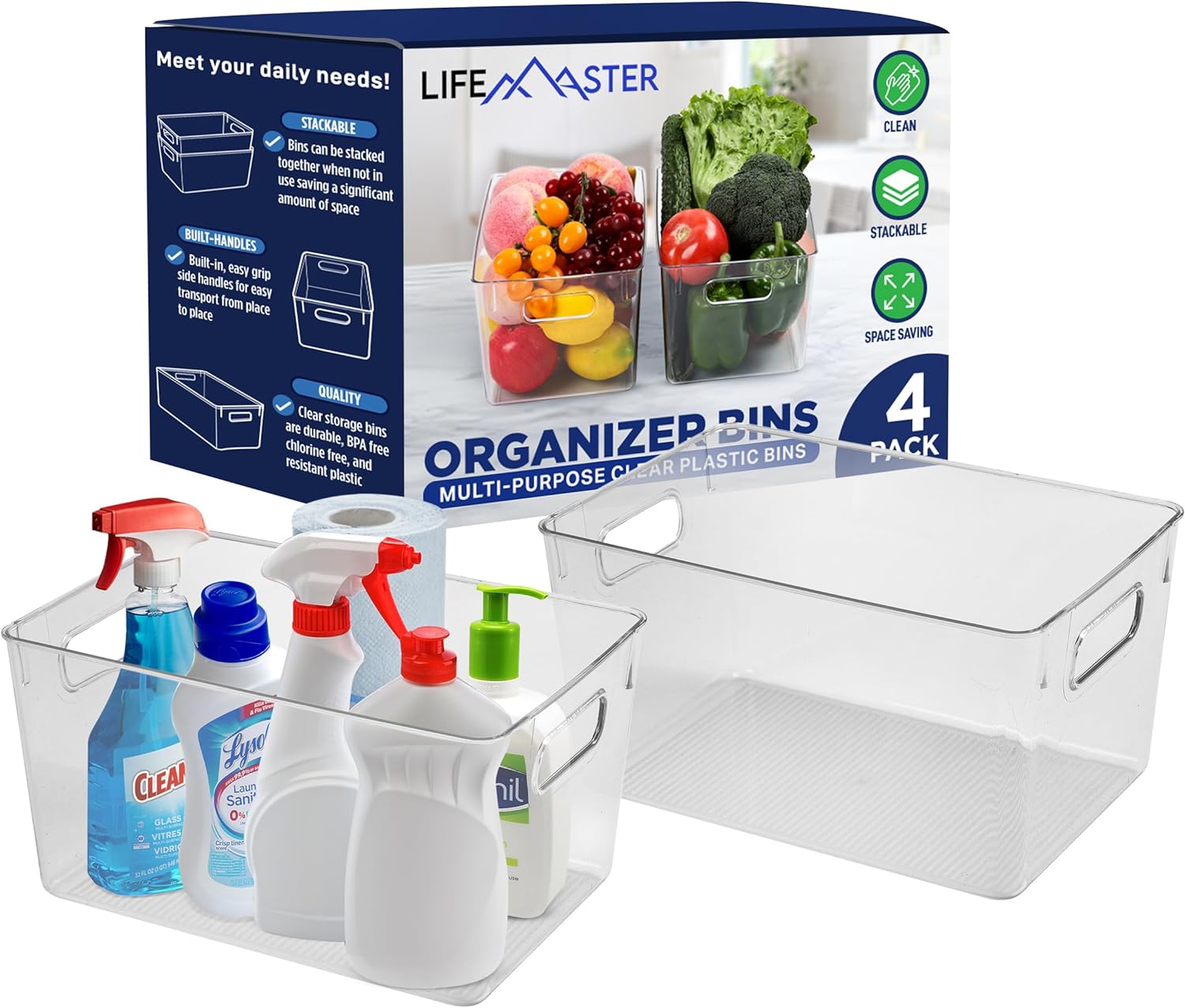 LifeMaster Pack of 4 Large Fridge Organizer PET Clear Bins - Maximize Storage Space, Easy-to-Clean, Portable \u0026 Stackable - Ideal for Fridge, Kitchen Cabinet, Pantry \u0026 Countertops